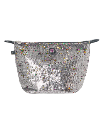 Toilettas met rits, pailletten grijs met regenboogkleuren