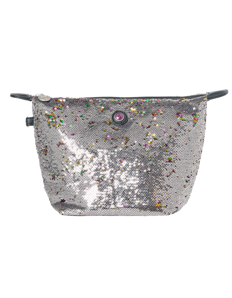 Toilettas met rits, pailletten grijs met regenboogkleuren