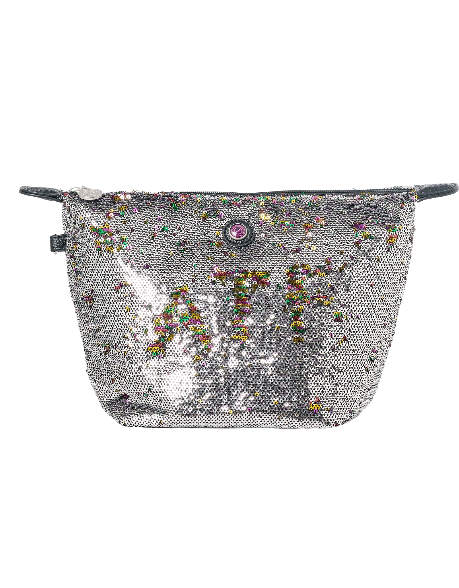 Toiletry bag with zipper, sequins grey with rainbow colours