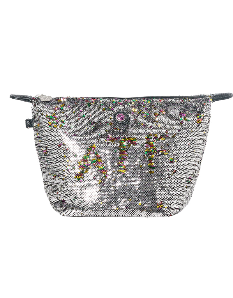 Toiletry bag with zipper, sequins grey with rainbow colours
