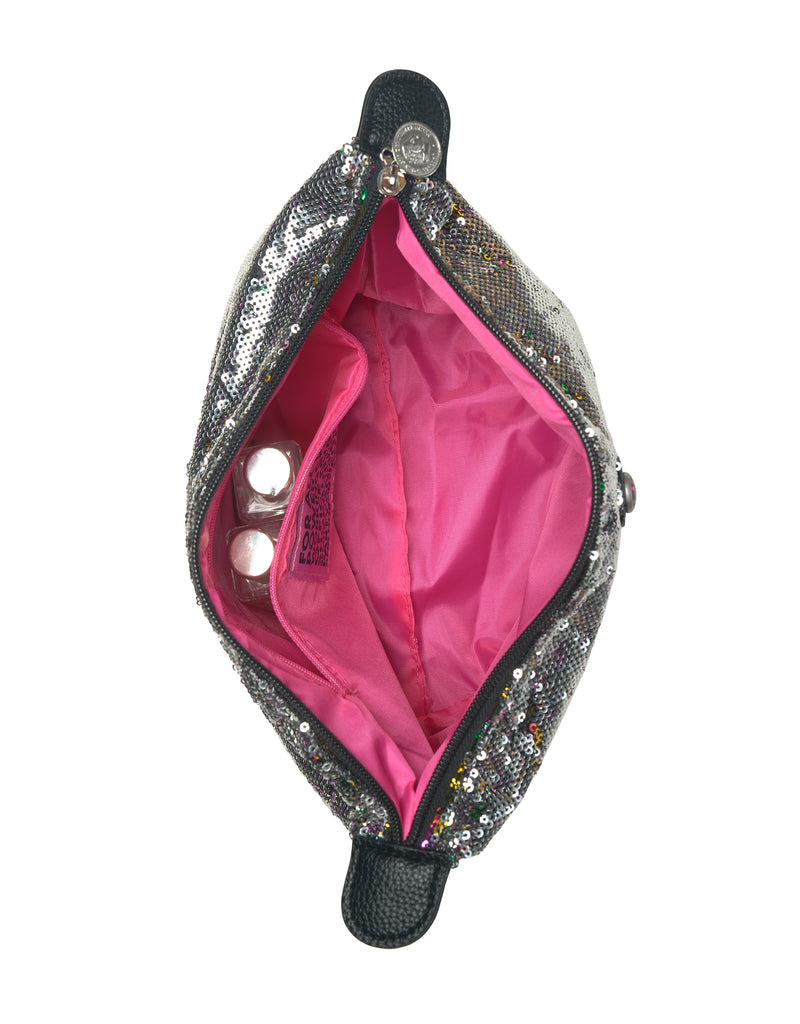 Sparkly black handbag with pink interior on a white background