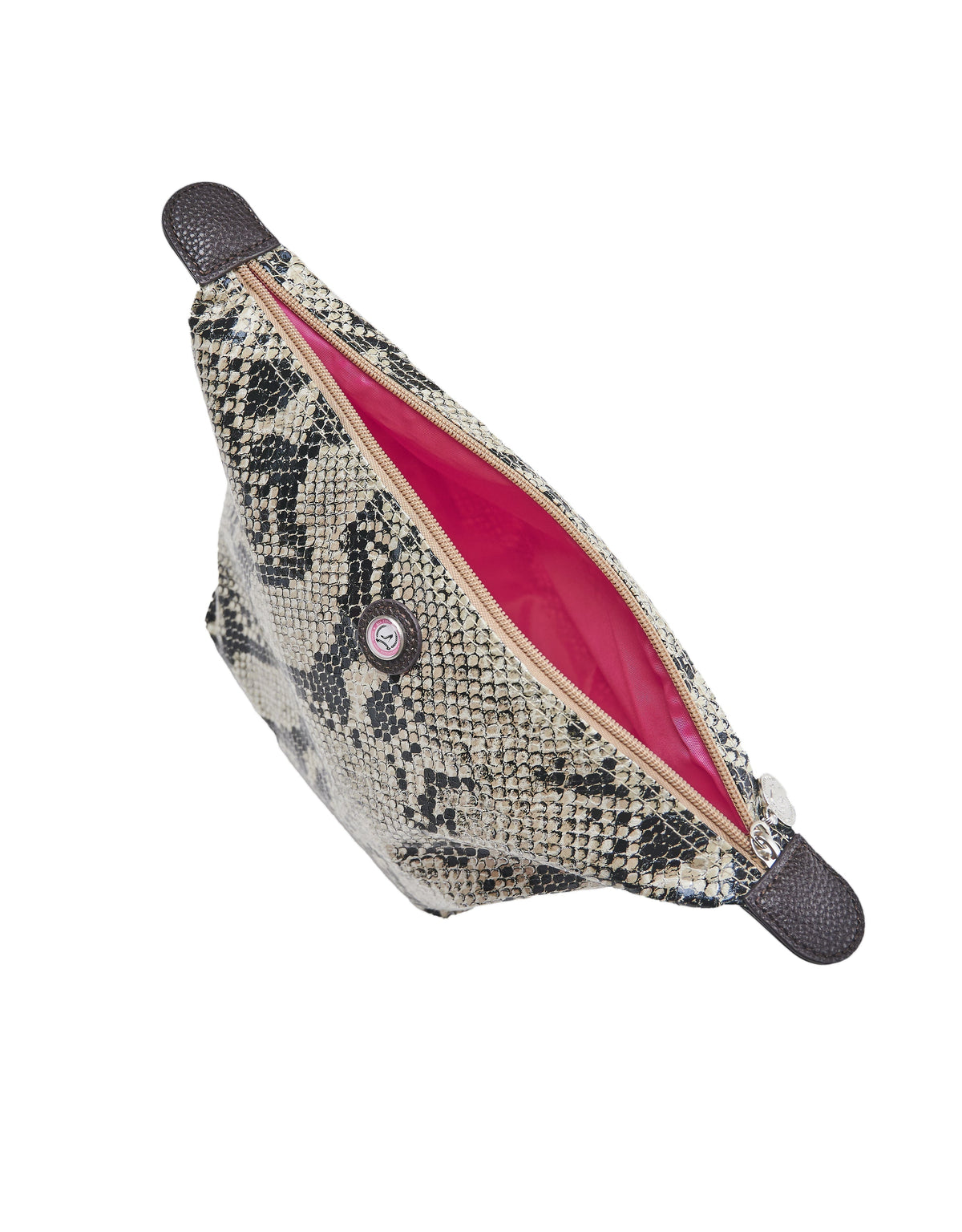 Python-print toilettas met beige rits, bruine hoeken en felroze voering.