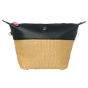 Toiletry bag in black vegan leather and beige straw with zipper and pink zip puller
