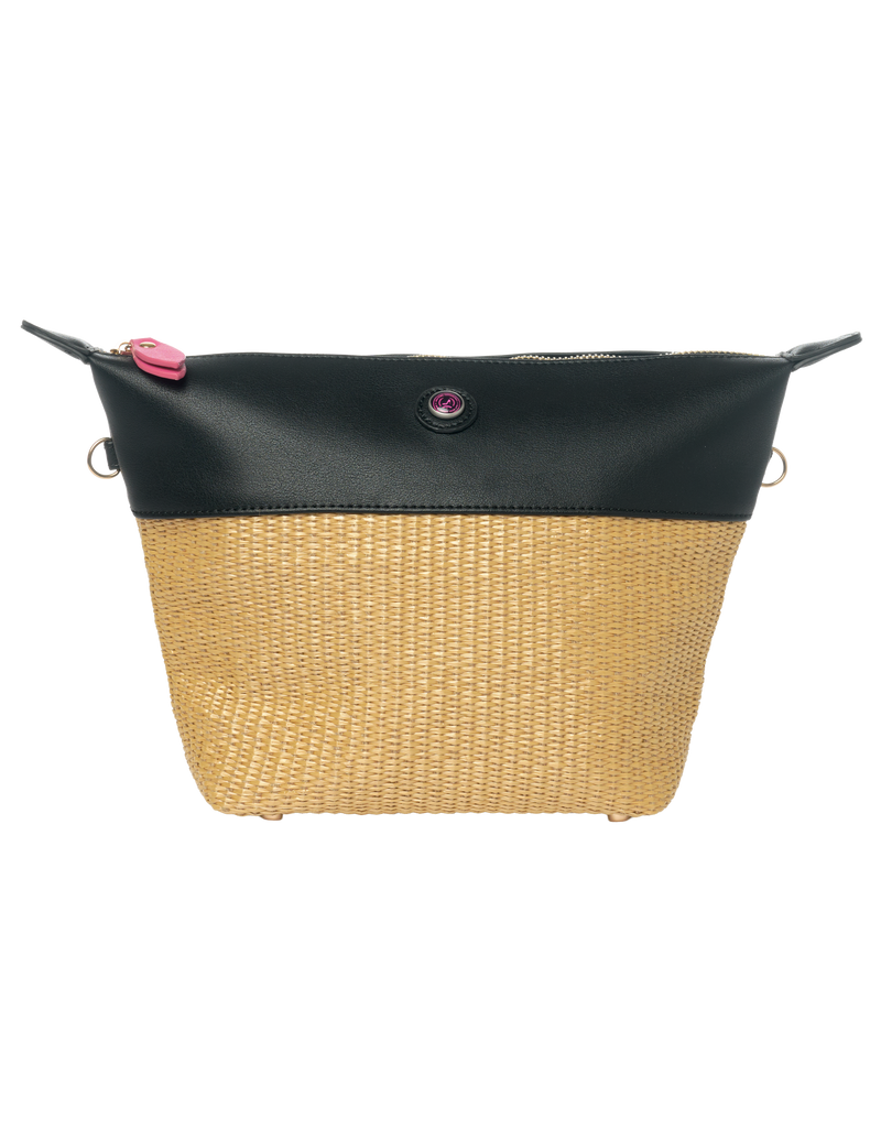 Toiletry bag in black vegan leather and beige straw with zipper and pink zip puller