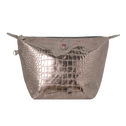Metallic silver bronze toiletry bag with crocodile texture on a white background