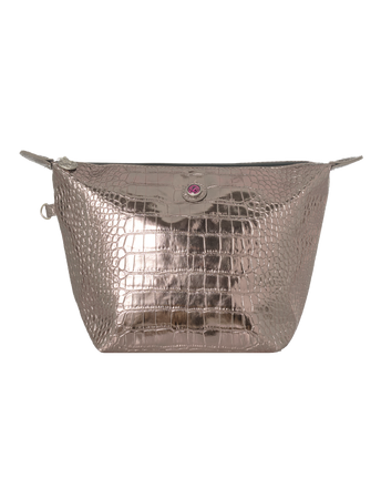 Metallic silver bronze toiletry bag with crocodile texture on a white background