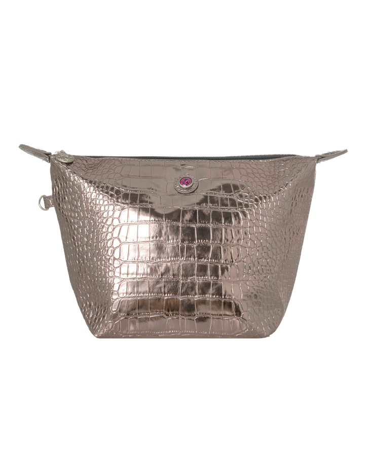 Bronze metallic crocodile pattern toiletry bag with front pink accent, Brigitte style by All-time Favourites.