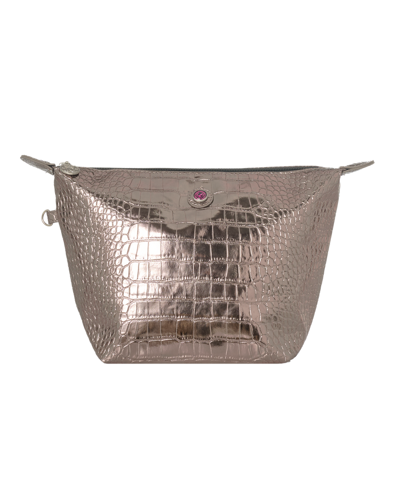 Metallic silver bronze toiletry bag with crocodile texture on a white background
