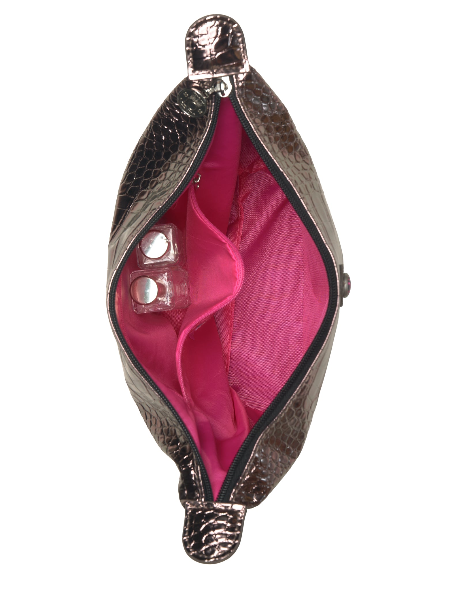 Metallic clutch bag with pink interior and clear lip gloss on a white background