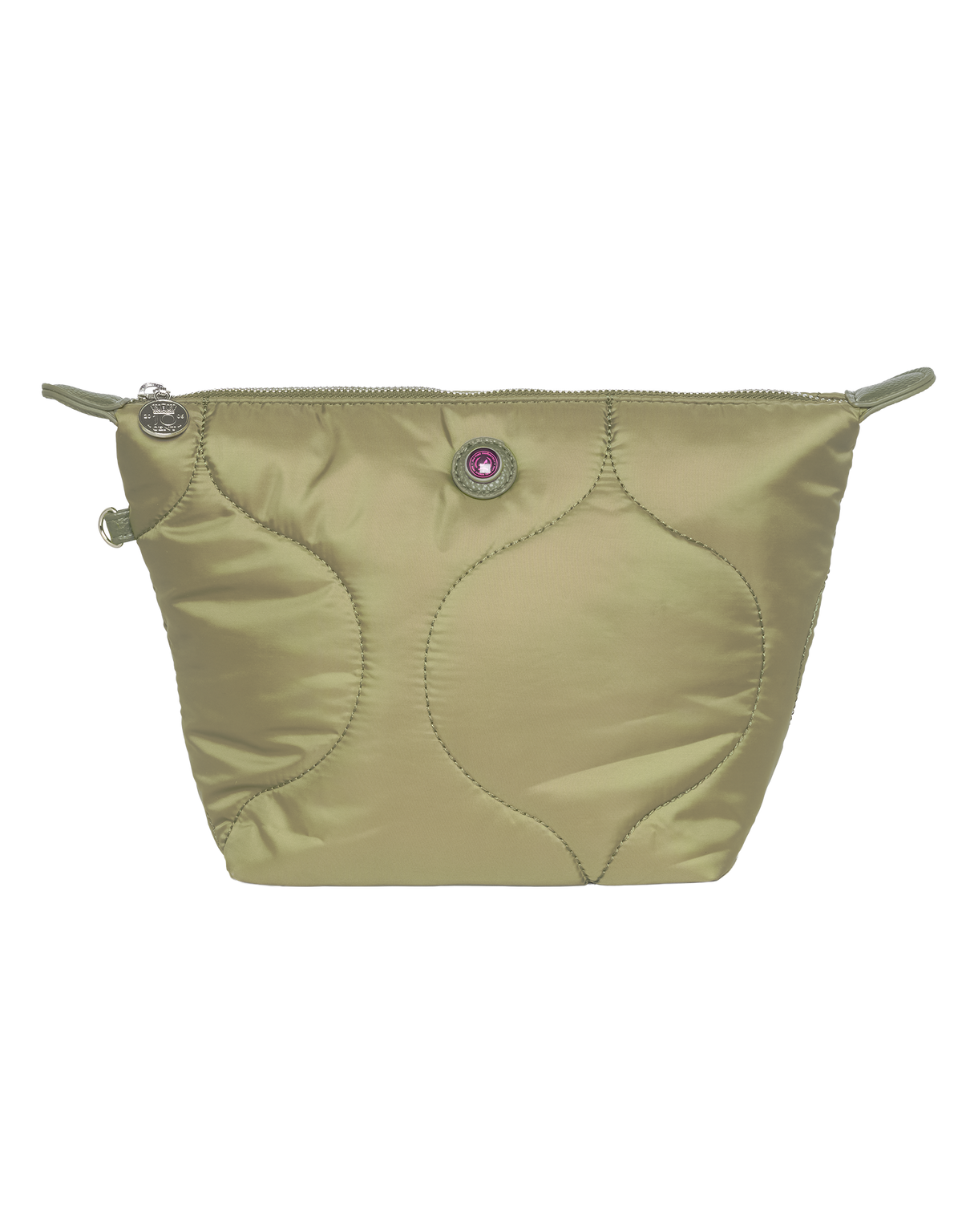 Olivgrüne, gepolsterte Kulturtasche „DIANA“ mit rosa Knopf und silbernem Reißverschluss aus der Skiresort-Kollektion.