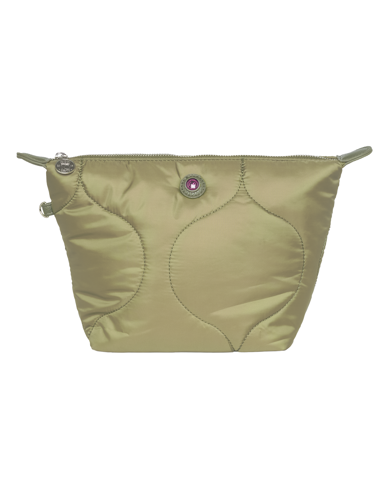 Green nylon pouch with a pink logo without background