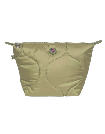 Green nylon pouch with a pink logo without background