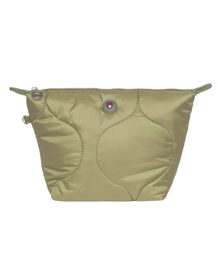 Olive green puffy toiletry bag DIANA with pink button and silver zipper from the ski resort collection.