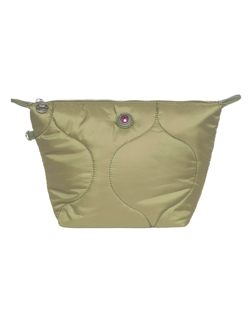 Green nylon pouch with a pink logo without background