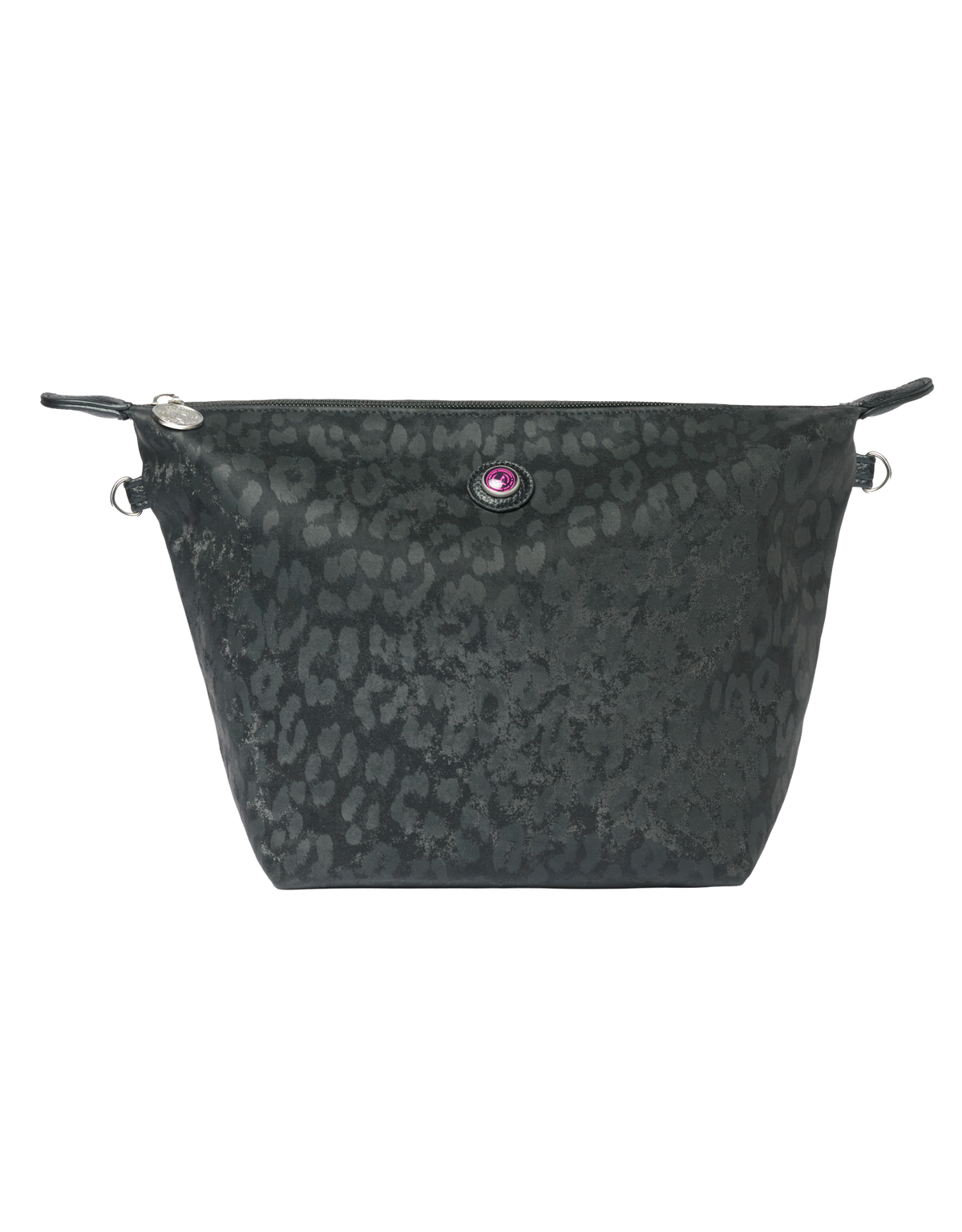 Zwarte toilettas met luipaardprint, ritssluiting en roze logo-details.