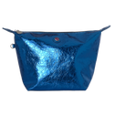 Toilettas met rits, PU metallic blauw en zwarte hengsels