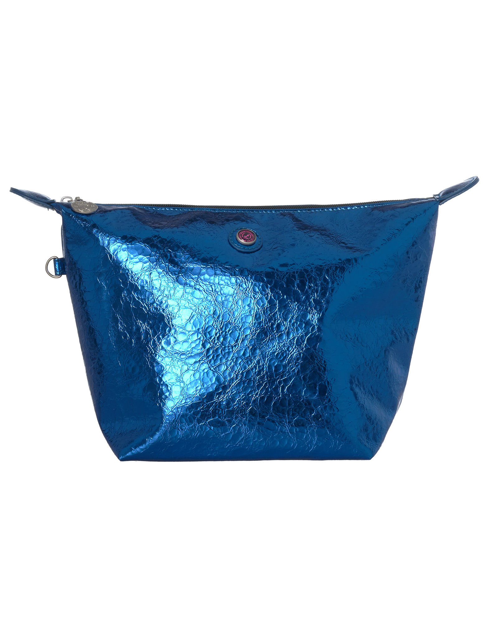 Toilettas met rits, PU metallic blauw en zwarte hengsels