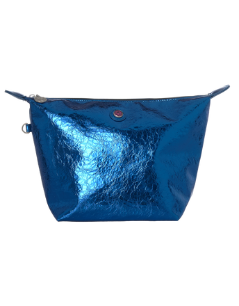Toilettas met rits, PU metallic blauw en zwarte hengsels