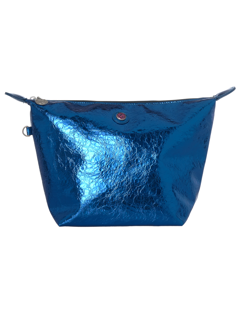 Toilettas met rits, PU metallic blauw en zwarte hengsels