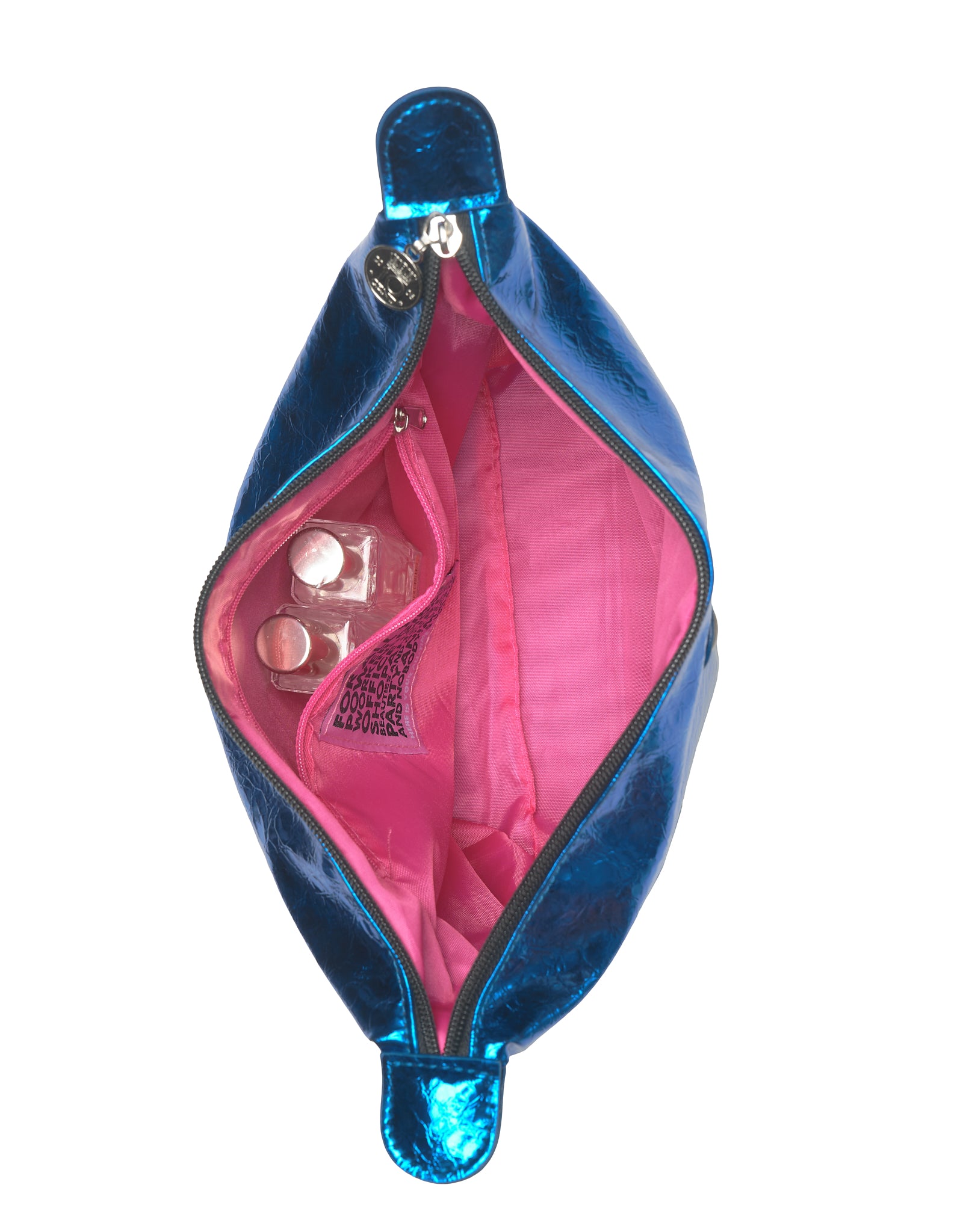 Inside Toiletry Bag with zipper, pink lining and inner pocket, PU metallic blue