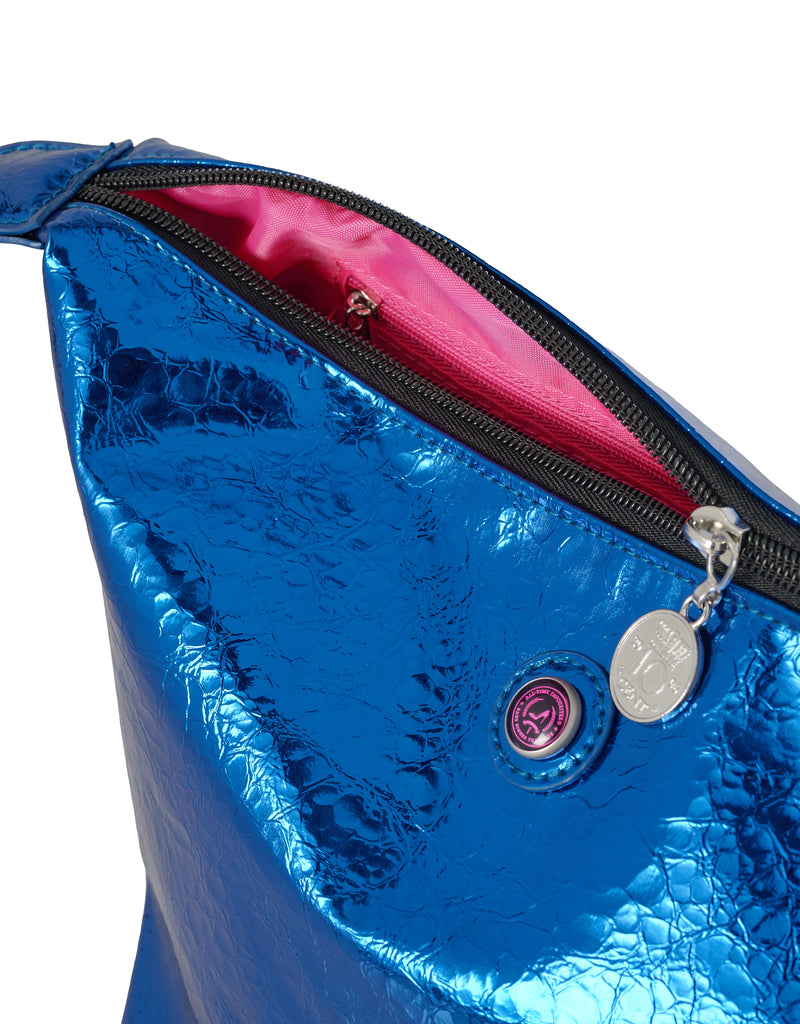 Blue metallic pouch with pink interior and silver charm on a white background