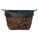 Leopard toiletry bag with zipper in black vegan leather and faux pony hair