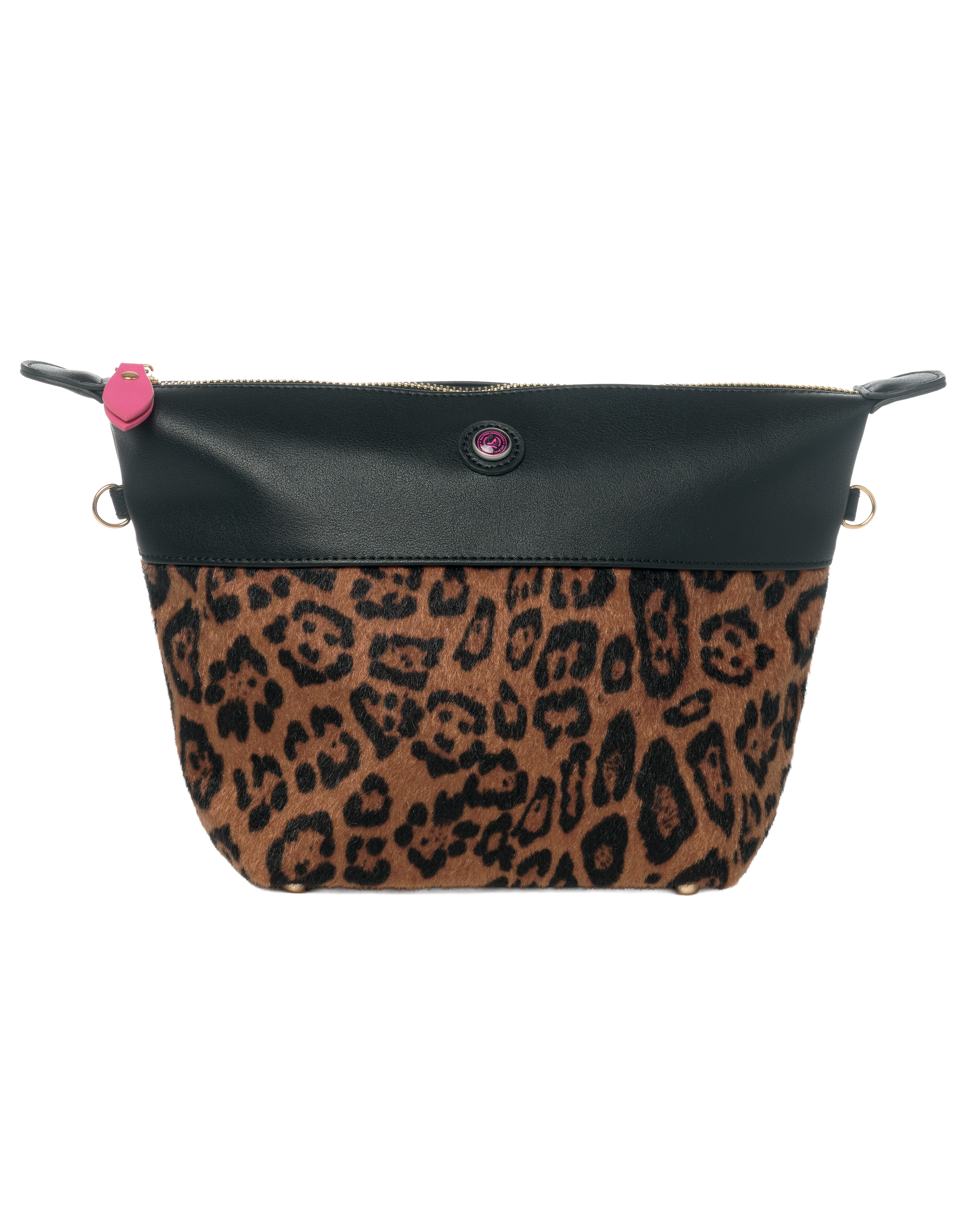 Leopard toiletry bag with zipper in black vegan leather and faux pony hair