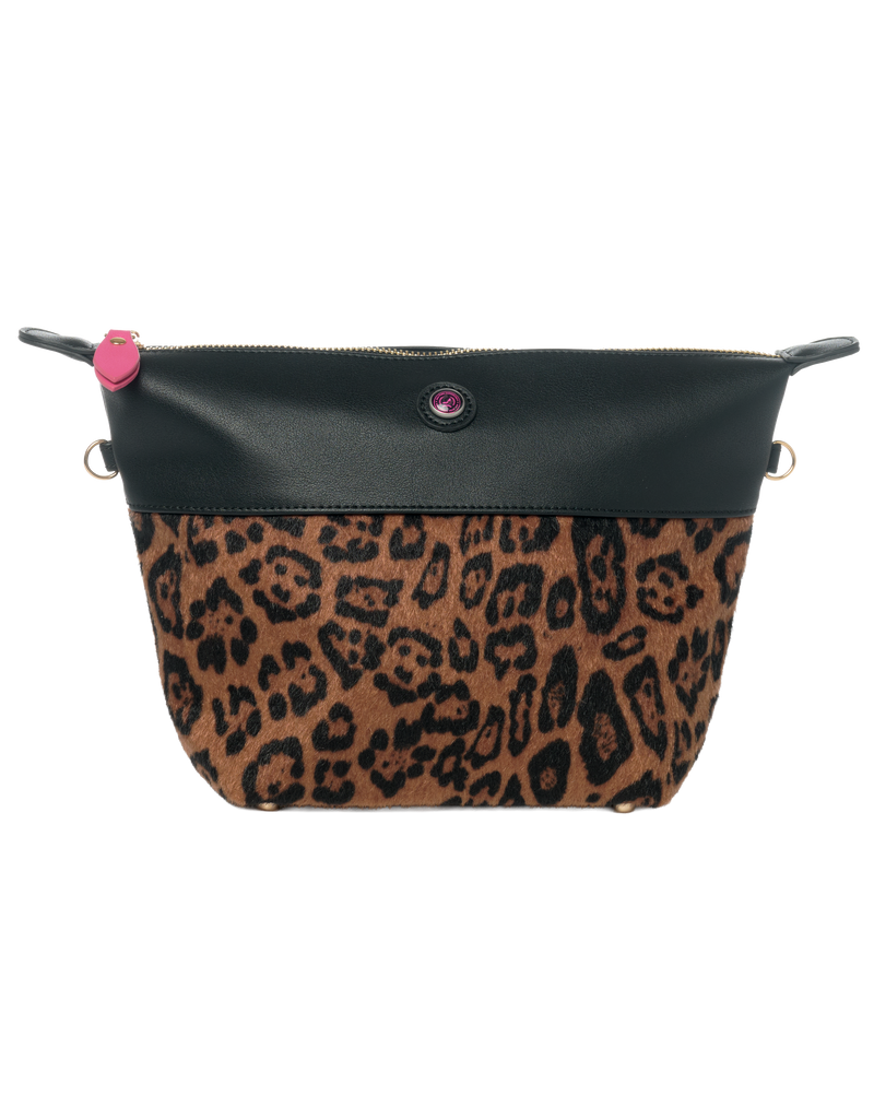 Leopard toiletry bag with zipper in black vegan leather and faux pony hair