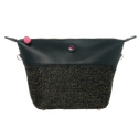 Toiletry bag with zipper in black vegan leather and black raffia with gold thread