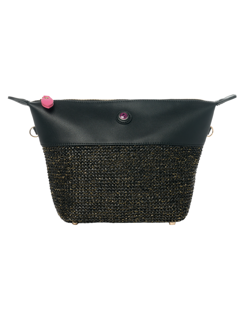 Toiletry bag with zipper in black vegan leather and black raffia with gold thread
