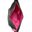Inside of clutch bag with pink lining and zipper pocket