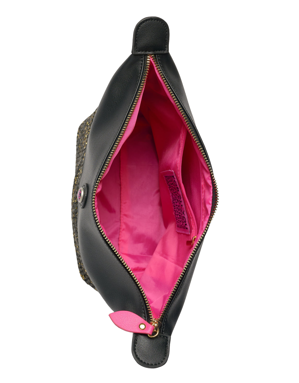 Bovenaanzicht van een zwart-gouden clutch van veganistisch leer met roze voering en een vak met ritssluiting van All-time Favourites.
