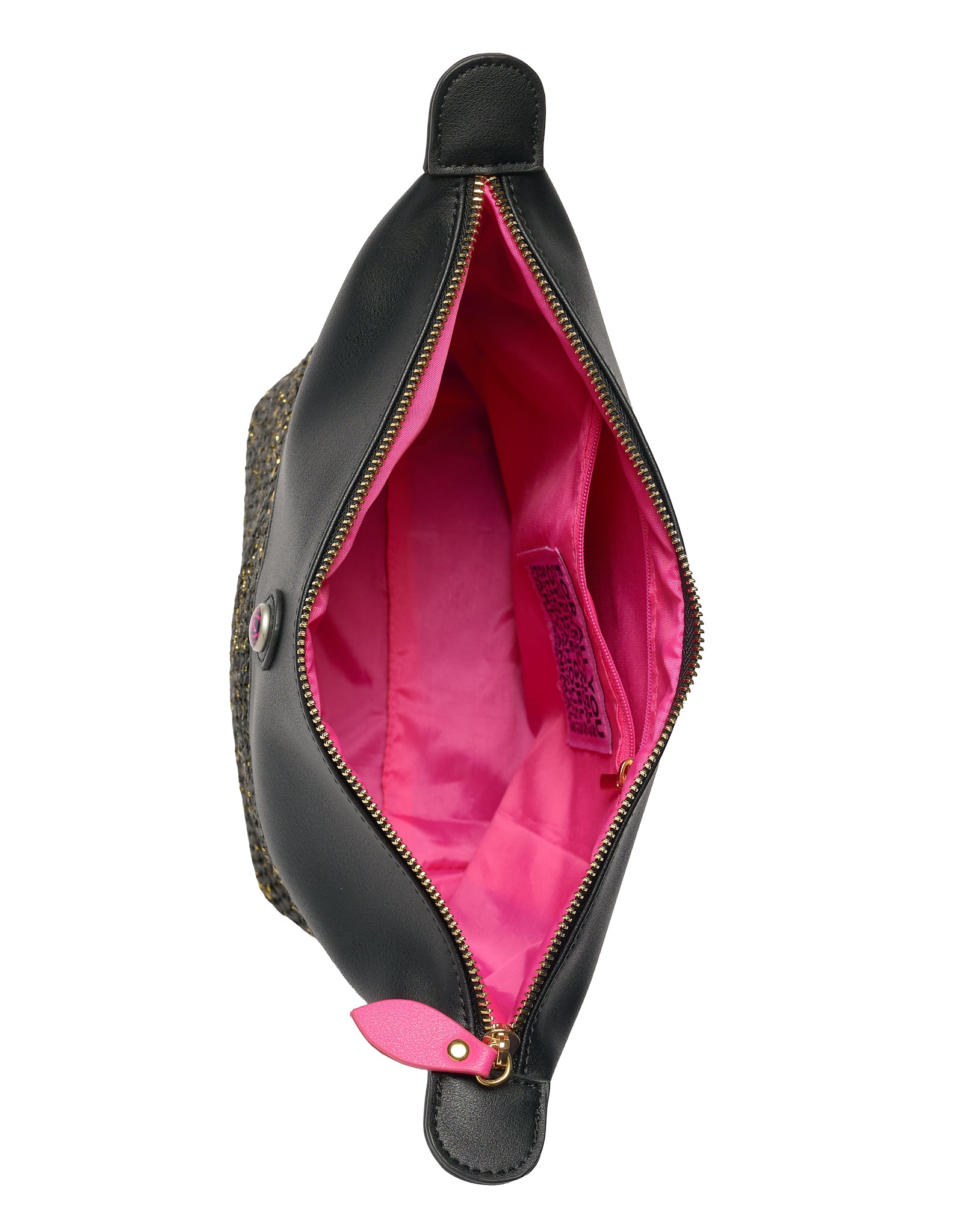 Inside of clutch bag with pink lining and zipper pocket