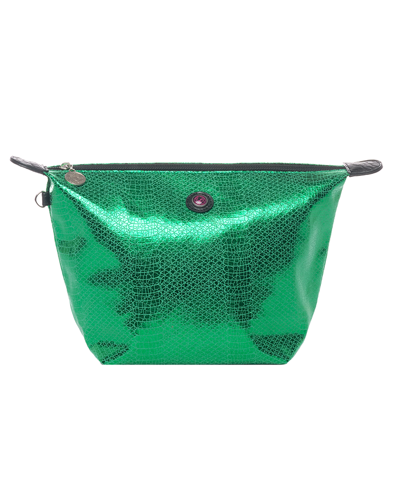 Metallicgroene toilettas met zwarte ritssluiting en ronde knoopjes, uit de VENEZIA-collectie, van synthetisch materiaal.