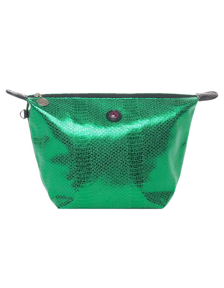 Metallicgroene toilettas met zwarte ritssluiting en ronde knoopjes, uit de VENEZIA-collectie, van synthetisch materiaal.