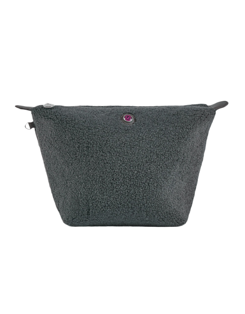 Grey teddy-texture toiletry bag by All-time Favourites with small round purple logo on front.