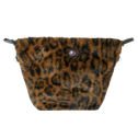 Toilettas met luipaardprint, imitatiebont, roze-zwart embleem en zwarte zijriempjes, uit de MAASTRICHT-collectie.