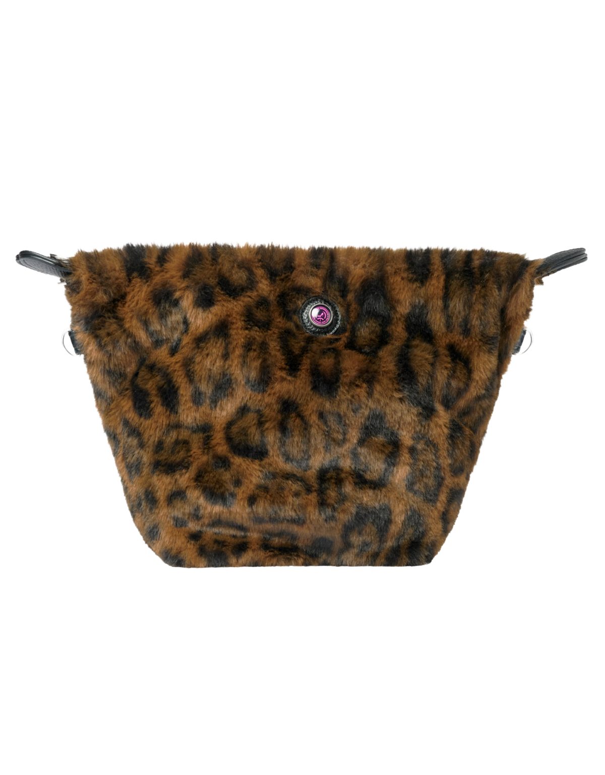 Toilettas met luipaardprint, imitatiebont, roze-zwart embleem en zwarte zijriempjes, uit de MAASTRICHT-collectie.