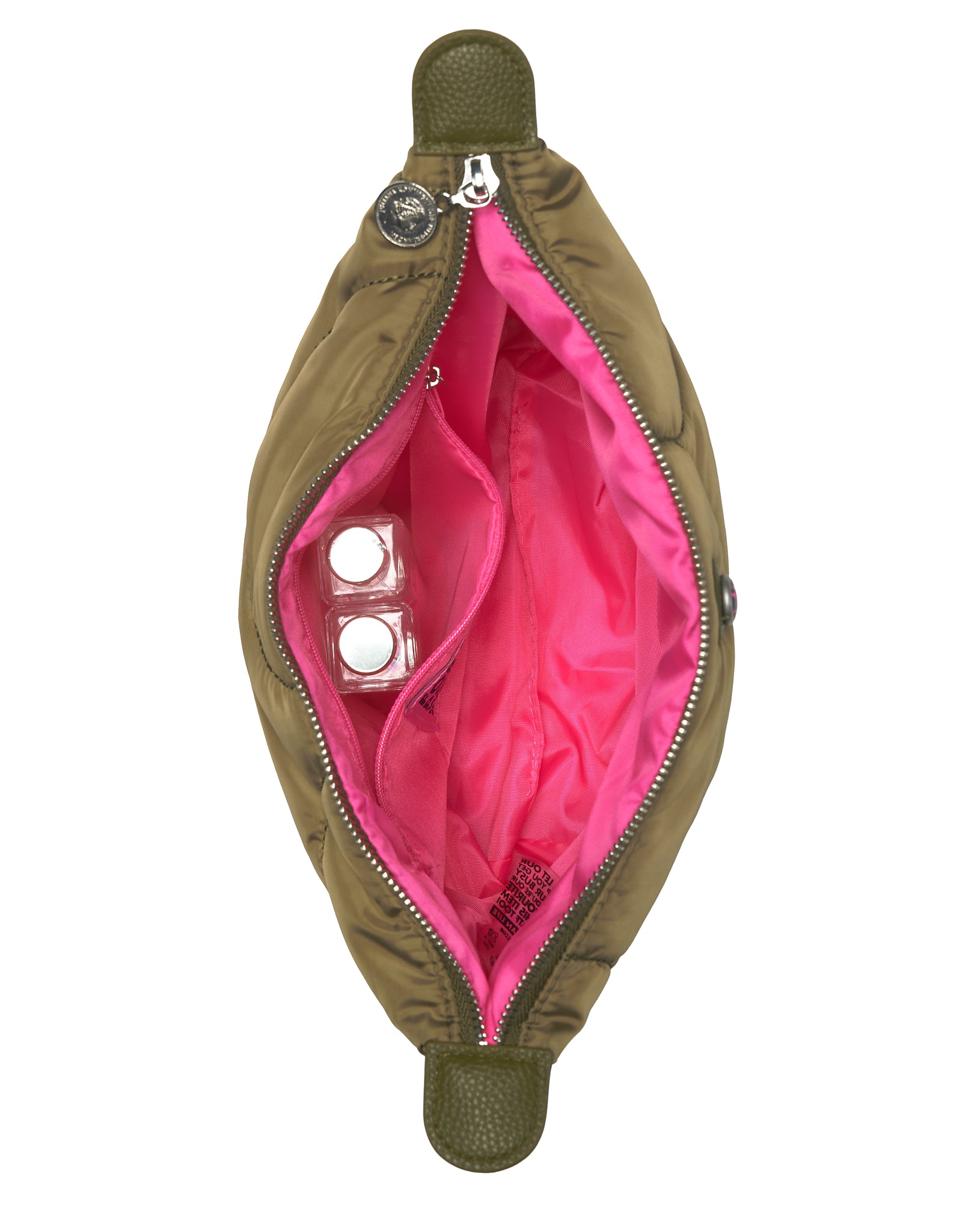 Open green puffy toiletry bag with pink interior showing two lipglosses in the inside pocket.