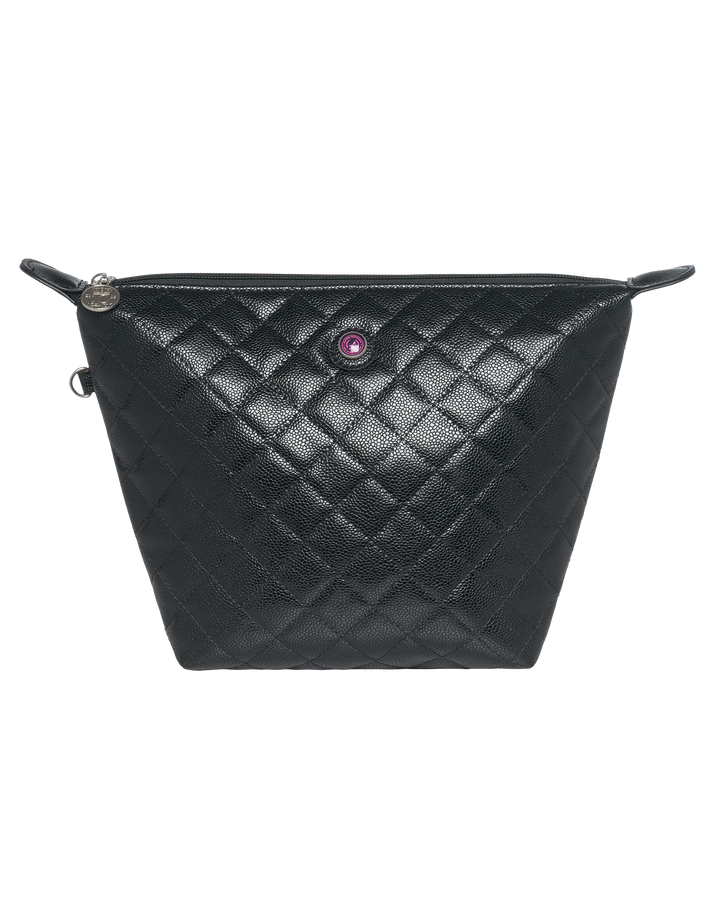 Black caviar quilted toiletry bag KATE with zipper, purple button, and silver charm on white background.