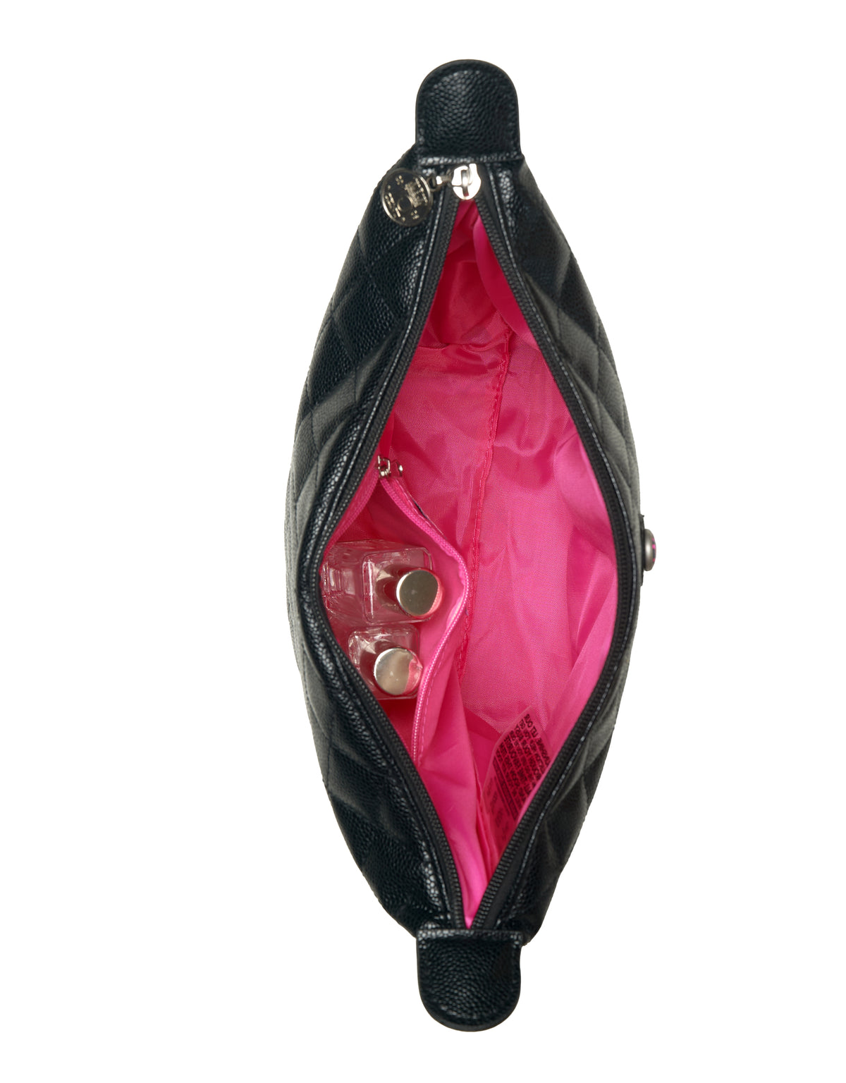 Draufsicht auf die KATE Black Caviar-Kosmetiktasche mit rosa Innenfutter, Netztasche und darin befindlichen Kosmetikflaschen.