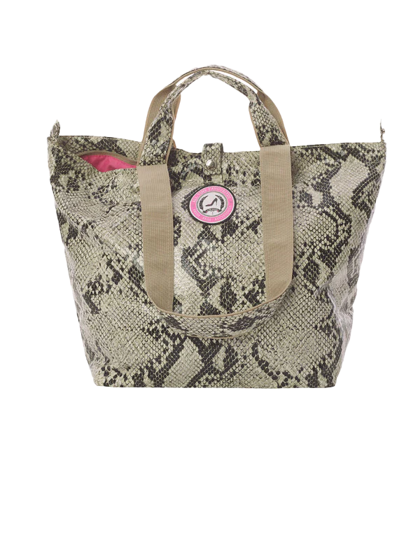 Kleine draagtas met pythonprint, met bruinbeige hengsels en een roze patch, van hoogwaardig materiaal, met een stijlvol patroon.