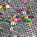 Close-up of colorful sequins with a mix of silver, pink, yellow, and green.