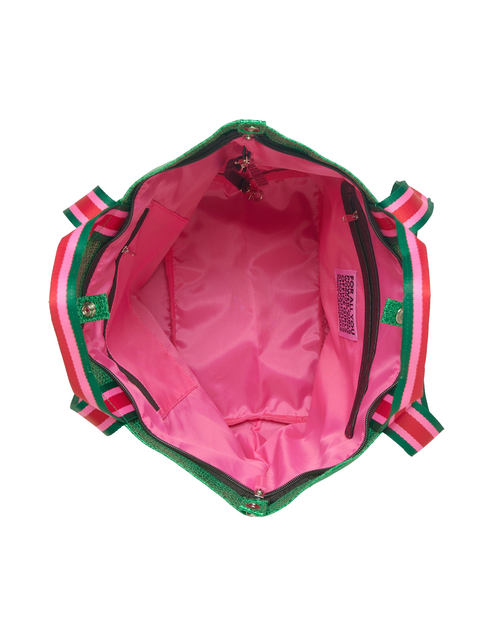 Interior of the Small Tote Bag Venezia with bright pink lining, two inner zip pockets and full zipper closure.