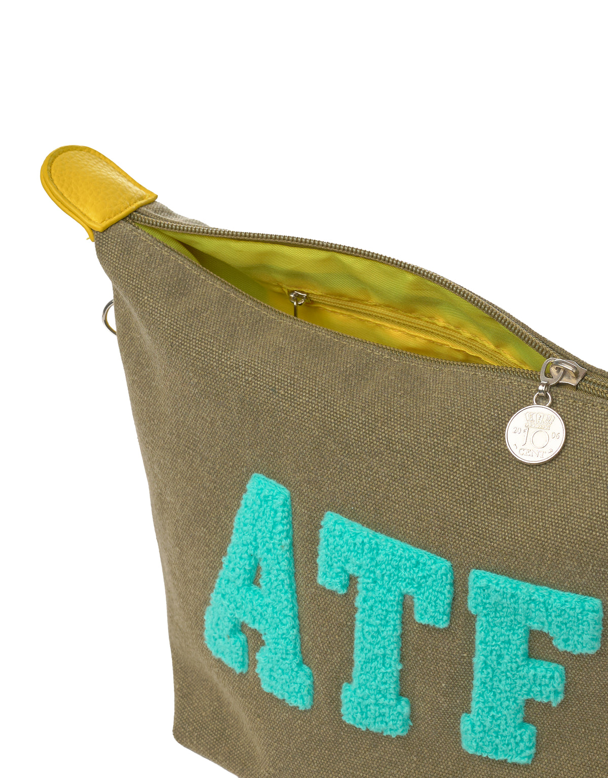Khaki unisex toiletry bag, blue ATF detail, yellow lining, silver round-charm zipper, BROOKLYN collection.