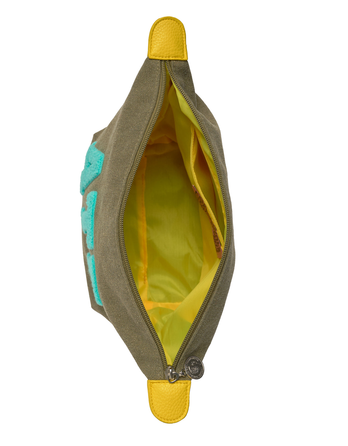 Top view of khaki BROOKLYN toiletry bag with yellow lining, inner pocket, premium material, travel accessory.