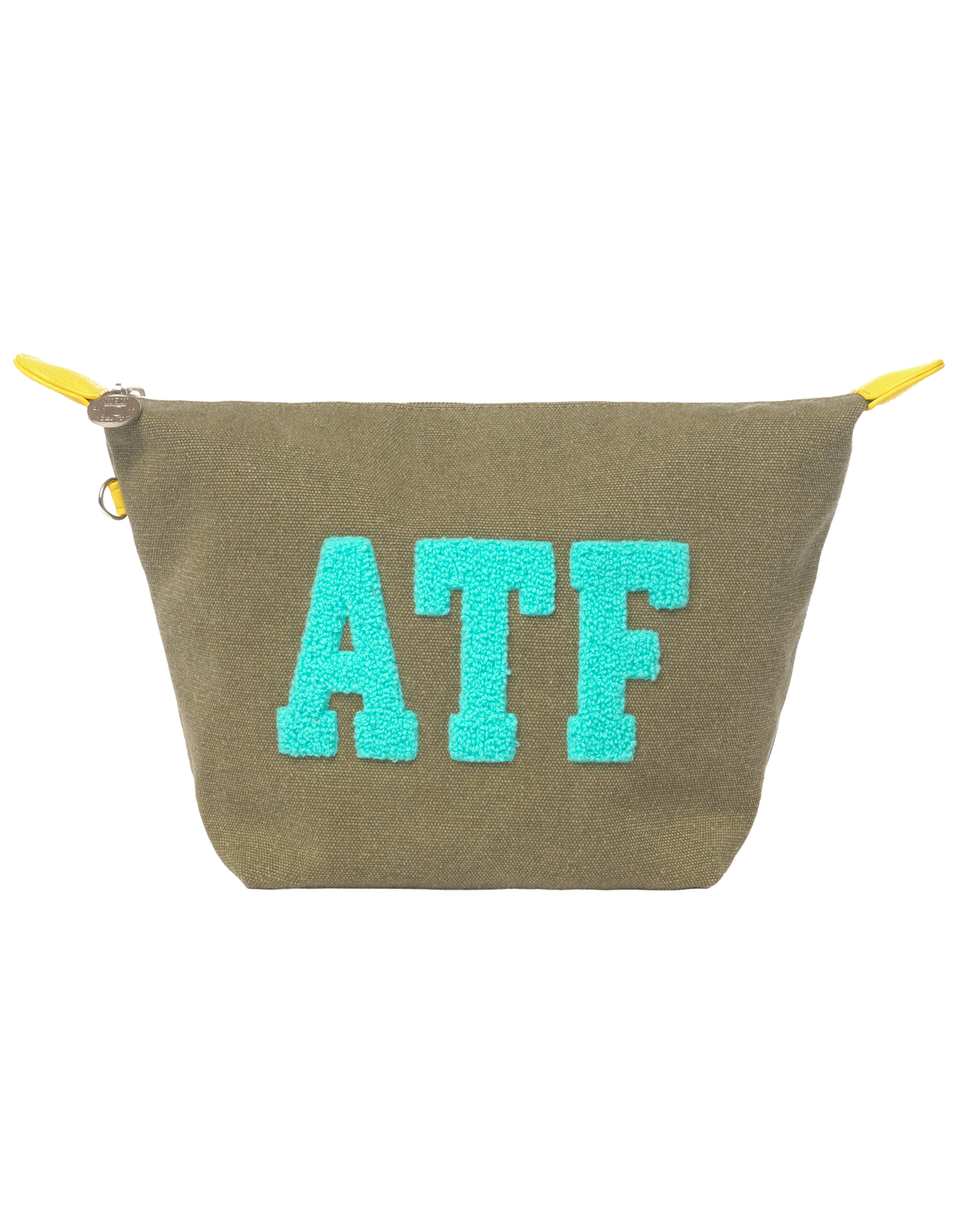 Khaki canvas BROOKLYN toiletry bag by All-time Favourites with blue ATF logo, yellow zipper tabs.