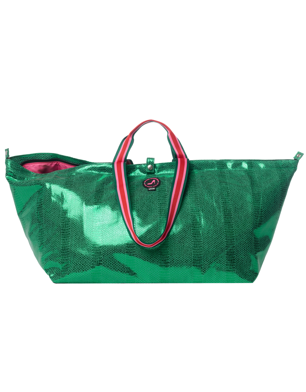 Metallic green python print tote bag with striped handles and pink lining, VENEZIA by All-time Favourites.