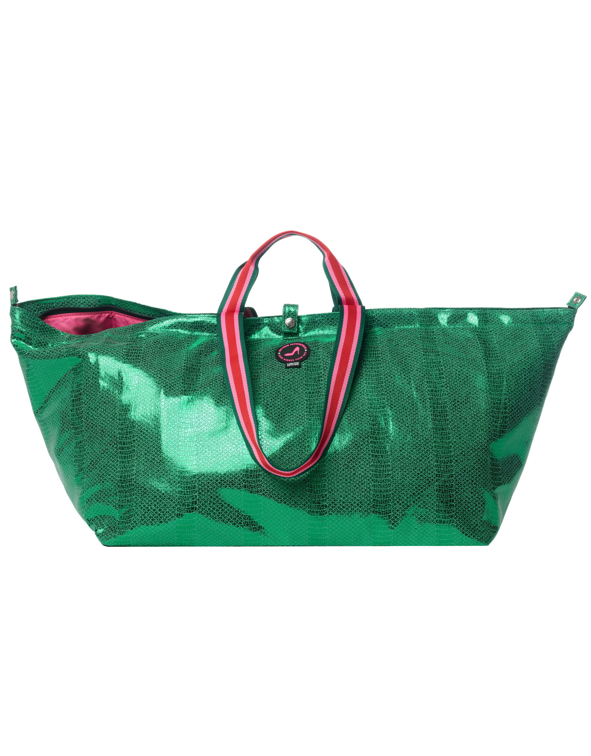 Large Tote Bag Venezia in metallic green croc print with striped handles, top zipper closure and signature logo detail.