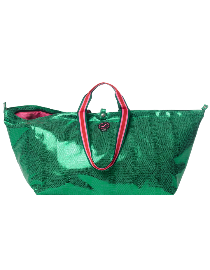 Metallicgroene draagtas met pythonprint, gestreepte hengsels en roze voering, VENEZIA van All-time Favourites.